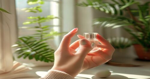 Close-up of a woman's hand, elegantly manicured in a soft pastel shade, holding a glass nail polish bottle with a minimalist leaf design. Soft morning light streams through a window, with a potted fer