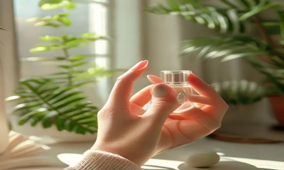 Ftalatos en esmaltes: guía de cuidado estético y fertilidad 1 Close-up of a woman's hand, elegantly manicured in a soft pastel shade, holding a glass nail polish bottle with a minimalist leaf design. Soft morning light streams through a window, with a potted fer