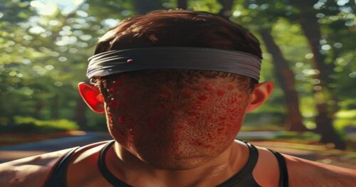 Photorealistic close-up of a runner's forehead with red, inflamed bumps caused by a sweatband after a long run, detailed skin texture and sweat droplets, soft natural light, outdoor park background wi