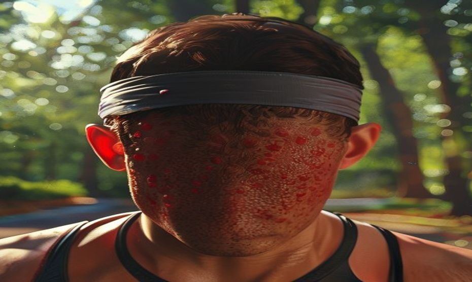 Photorealistic close-up of a runner's forehead with red, inflamed bumps caused by a sweatband after a long run, detailed skin texture and sweat droplets, soft natural light, outdoor park background wi