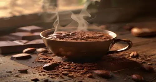 A photorealistic close-up of a steaming cup of hot cocoa made with dark chocolate, surrounded by cocoa powder, whole cocoa beans, and a square of high-percentage dark chocolate on a rustic wooden tabl