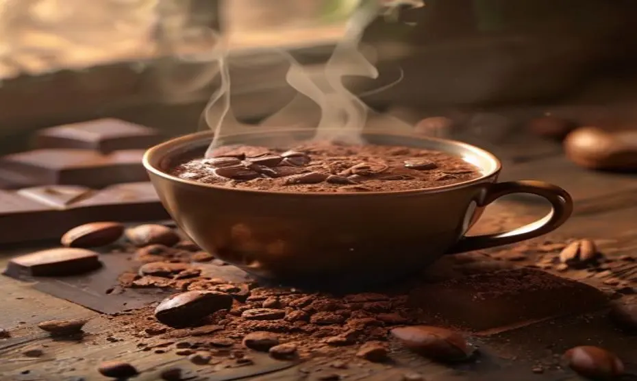 Flavonoles del cacao: el secreto de belleza para una mente joven 1 A photorealistic close-up of a steaming cup of hot cocoa made with dark chocolate, surrounded by cocoa powder, whole cocoa beans, and a square of high-percentage dark chocolate on a rustic wooden tabl