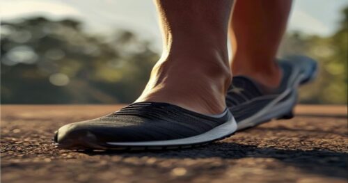 Close-up of a runner's foot showing a dark longitudinal line on the big toenail, with a running shoe in the background, natural light, photorealistic.