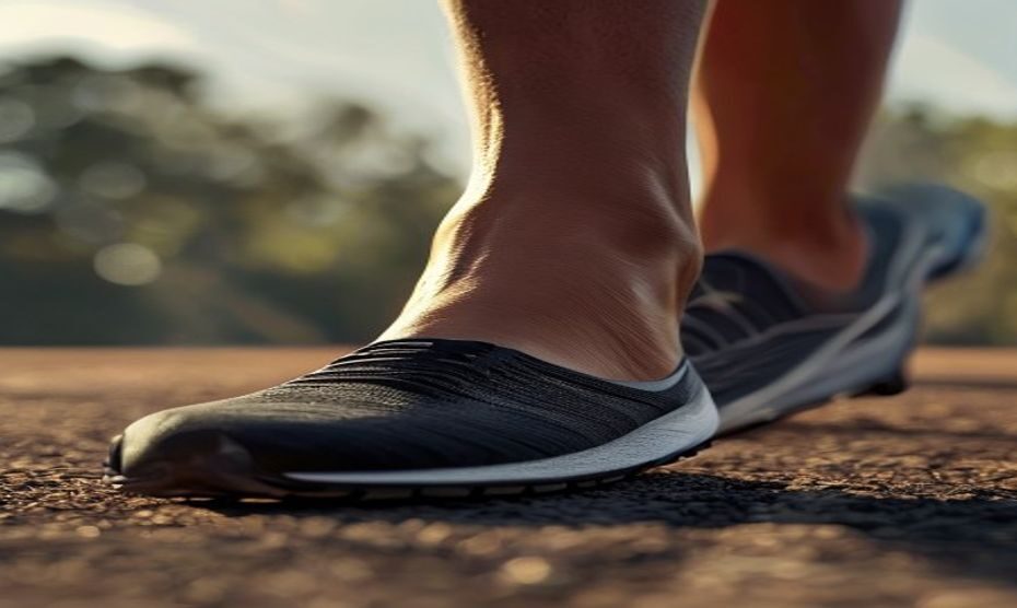 Melanoniquia longitudinal en runners: diferenciar marcas del calzado 1 Close-up of a runner's foot showing a dark longitudinal line on the big toenail, with a running shoe in the background, natural light, photorealistic.