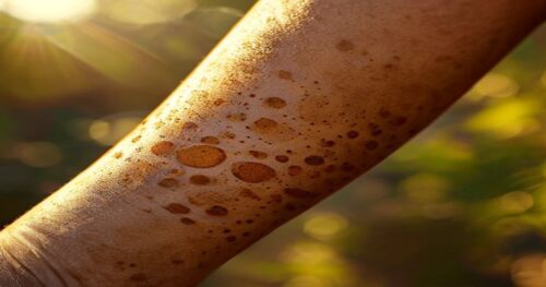 A close-up of a runner's forearm showing several irregular brown spots and streaks caused by phytophotodermatitis, outdoor setting with sunlight, photorealistic, no text, no logos.