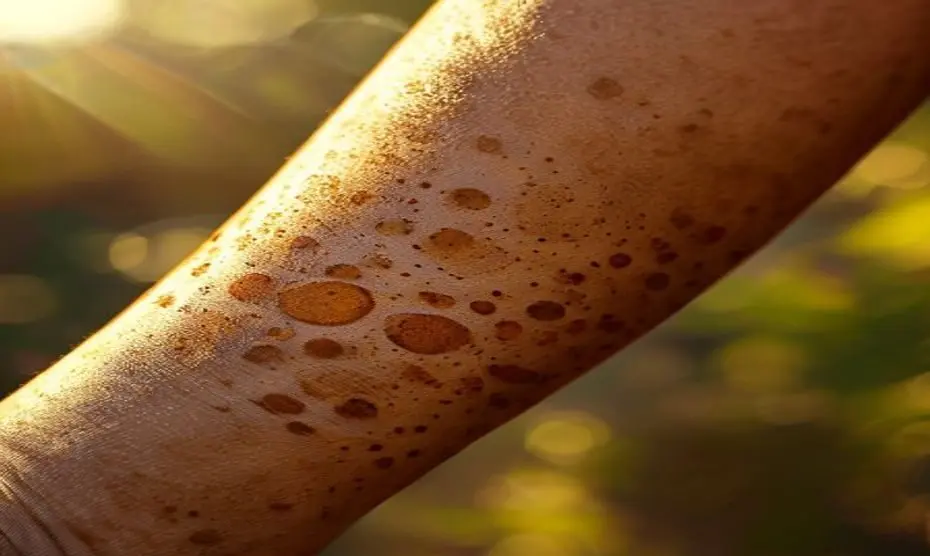 A close-up of a runner's forearm showing several irregular brown spots and streaks caused by phytophotodermatitis, outdoor setting with sunlight, photorealistic, no text, no logos.
