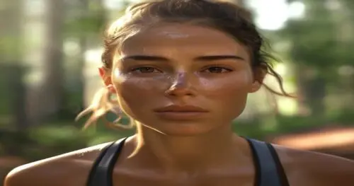 Photorealistic close-up of a female runner's face after a morning run, dewy skin, healthy glow, soft natural light, blurred forest background, no makeup, focus on clear complexion and subtle radiance