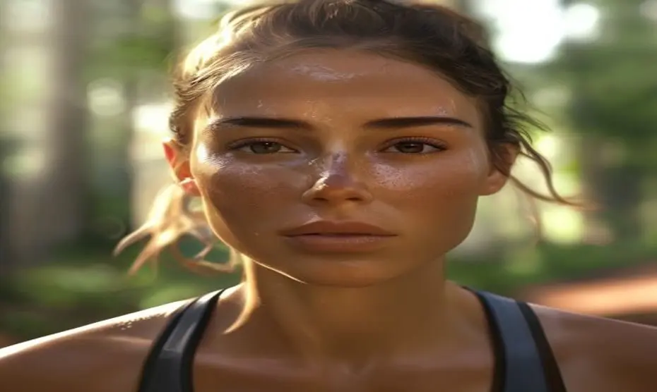 Eje intestino-piel en runners: piel radiante desde dentro 1 Photorealistic close-up of a female runner's face after a morning run, dewy skin, healthy glow, soft natural light, blurred forest background, no makeup, focus on clear complexion and subtle radiance