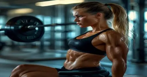 A fit woman in her 30s performing a barbell hip thrust on a bench in a bright, modern gym. Side view, focused expression, glute contraction visible, sweat on skin, photorealistic, no text, no logos.