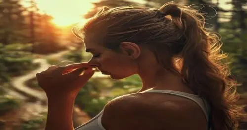 A photorealistic close-up of a female runner with a ponytail, looking concerned while gently touching her hair, on a forest trail at sunset. Soft, warm natural lighting, detailed hair strands and swea