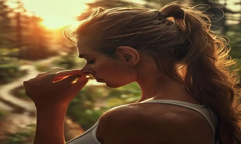 Efluvio Telógeno en Corredores: ¿Tu Running Causa Caída de Pelo? 1 A photorealistic close-up of a female runner with a ponytail, looking concerned while gently touching her hair, on a forest trail at sunset. Soft, warm natural lighting, detailed hair strands and swea