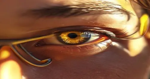 Close-up photorealistic image of a runner's eye with a subtle yellow pinguecula on the white part near the nose, wearing wraparound sport sunglasses, under bright sunlight, sharp details, no text.