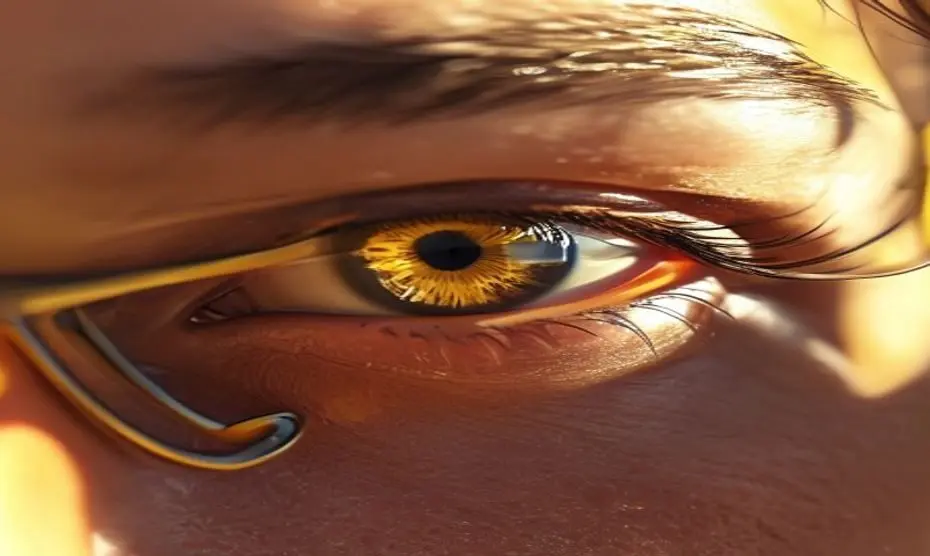 Close-up photorealistic image of a runner's eye with a subtle yellow pinguecula on the white part near the nose, wearing wraparound sport sunglasses, under bright sunlight, sharp details, no text.