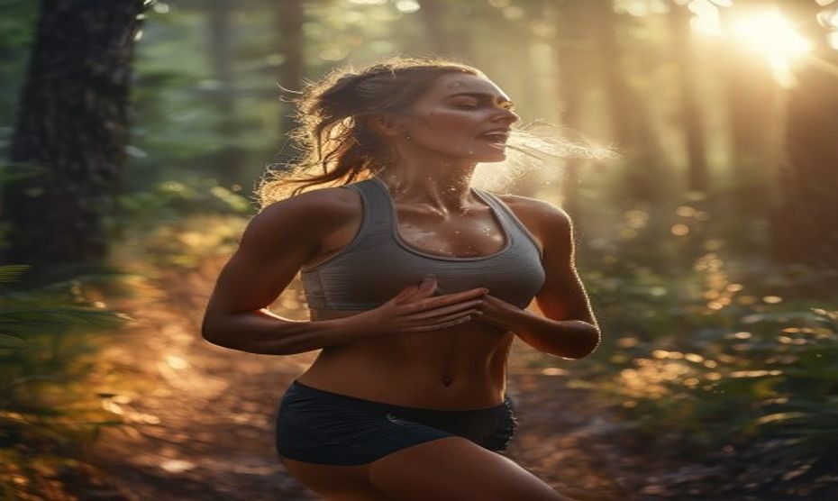 Tos del corredor: ¿asma o reflujo? Claves para aliviarla 1 A female runner coughing while holding her chest on a forest running trail, early morning light, realistic fotorrealistic image.