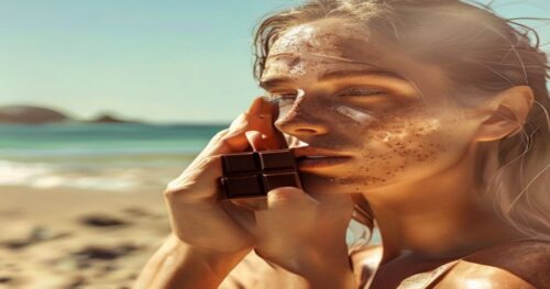 Photorealistic image of a woman applying sunscreen on her face, holding a square of dark chocolate, with a sunny beach background, soft lighting.