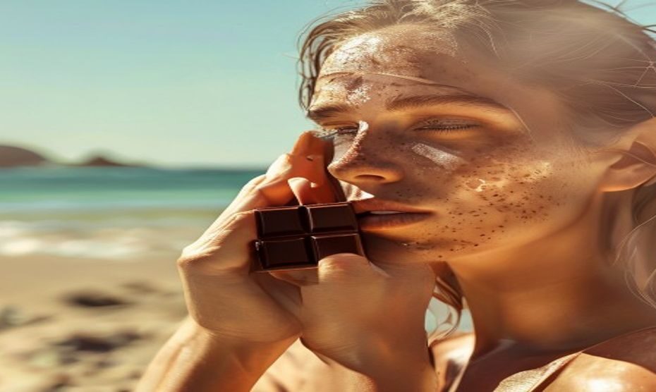 Chocolate negro: ¿Cómo protege tu piel del sol? 1 Photorealistic image of a woman applying sunscreen on her face, holding a square of dark chocolate, with a sunny beach background, soft lighting.