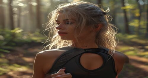 Photorealistic close-up of a woman's hair with a few gray strands visible, she is wearing sportswear and standing on a forest running trail, holding a piece of dark chocolate, morning light, shallow d