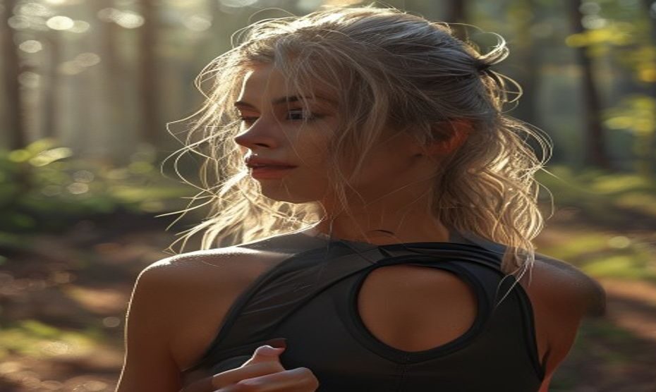 Photorealistic close-up of a woman's hair with a few gray strands visible, she is wearing sportswear and standing on a forest running trail, holding a piece of dark chocolate, morning light, shallow d