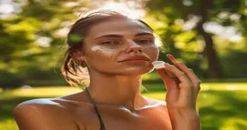 A woman applying sunscreen on her face before an outdoor run, natural lighting, healthy glowing skin, green park background, no text, photorealistic.