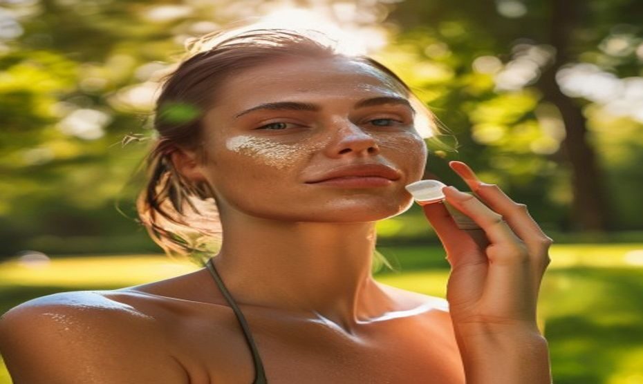 A woman applying sunscreen on her face before an outdoor run, natural lighting, healthy glowing skin, green park background, no text, photorealistic.