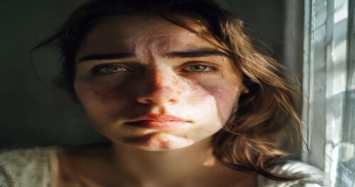 Close-up portrait of a woman with a slightly puffy face, tired eyes, and dull skin, conveying stress and fatigue, natural diffused window light.