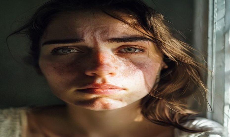 Close-up portrait of a woman with a slightly puffy face, tired eyes, and dull skin, conveying stress and fatigue, natural diffused window light.