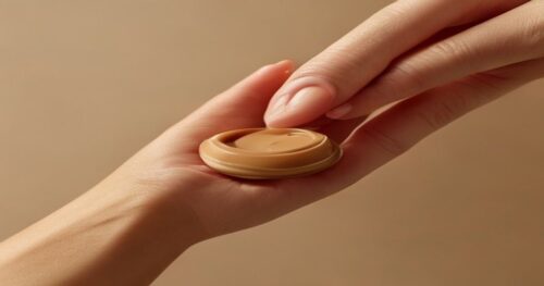 A realistic close-up of a woman's hand gently applying a small amount of solid cocoa butter balm onto a nipple area, showing the smooth texture of the cream, soft natural lighting, skin with clean and