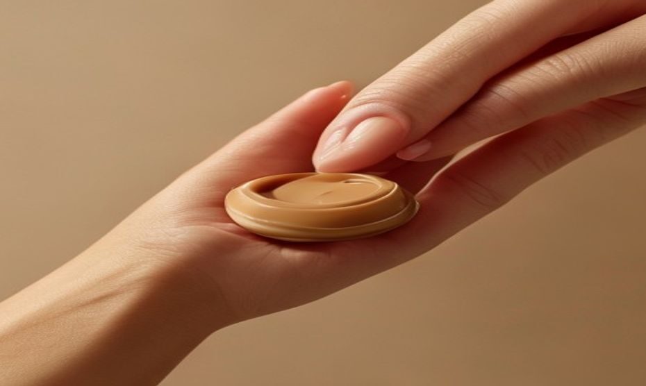Alivio y prevención de grietas en el pezón con manteca de cacao 1 A realistic close-up of a woman's hand gently applying a small amount of solid cocoa butter balm onto a nipple area, showing the smooth texture of the cream, soft natural lighting, skin with clean and