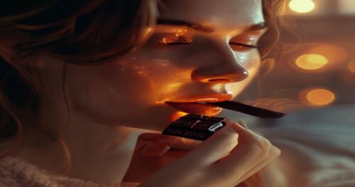 Close-up of a woman with glowing skin holding a small piece of dark chocolate near her lips, soft bedroom lighting, serene atmosphere, bokeh background, highly detailed, photorealistic style, warm ton