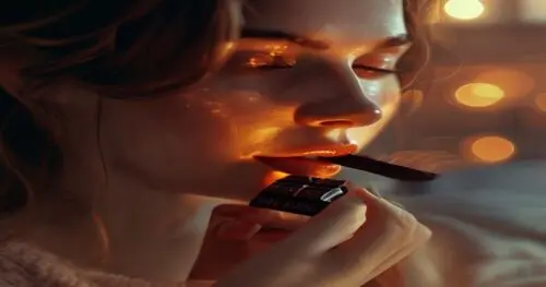Close-up of a woman with glowing skin holding a small piece of dark chocolate near her lips, soft bedroom lighting, serene atmosphere, bokeh background, highly detailed, photorealistic style, warm ton