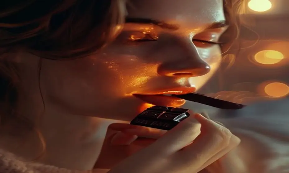 Cacao nocturno: rejuvenece tu piel con chocolate negro 1 Close-up of a woman with glowing skin holding a small piece of dark chocolate near her lips, soft bedroom lighting, serene atmosphere, bokeh background, highly detailed, photorealistic style, warm ton