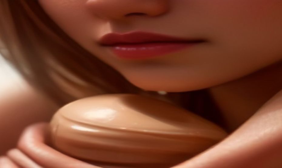 Manteca de cacao para proteger y reparar la piel del viento 1 Close-up of hands applying a thick balm of cocoa butter to dry, chapped skin on the face, showing immediate relief and moisture, natural diffused lighting, photorealistic style