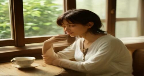 A middle-aged woman savoring a warm cup of pure cocoa, sitting calmly by a window with soft natural light, skin looking fresh and hydrated, a few cocoa beans and dark chocolate pieces on a wooden tabl
