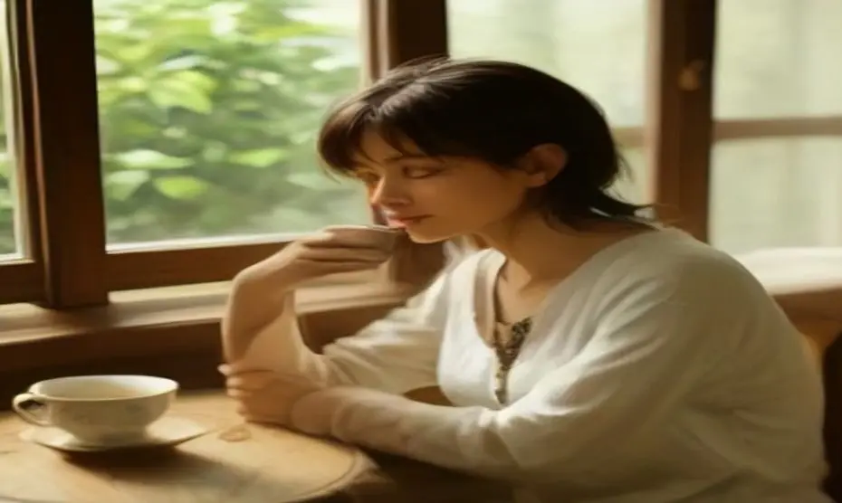 A middle-aged woman savoring a warm cup of pure cocoa, sitting calmly by a window with soft natural light, skin looking fresh and hydrated, a few cocoa beans and dark chocolate pieces on a wooden tabl
