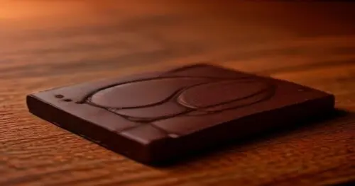 Photorealistic close-up of a dark chocolate bar with high cocoa percentage (85%) on a rustic wooden table, next to a pair of modern glasses reflecting a blue light screen, soft natural lighting, shall