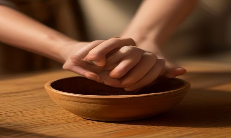 Cacao para manos maduras: protocolo antimanchas 1 Close-up of mature female hands with age spots, holding a small bowl of dark cocoa powder and a block of pure cocoa butter on a rustic wooden table, natural light, soft shadows, cosmetic skincare sett